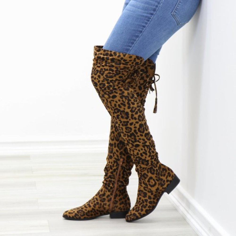 Leopard Suede Thigh High Flat Boot Lace Up Back - Picture 8 of 14